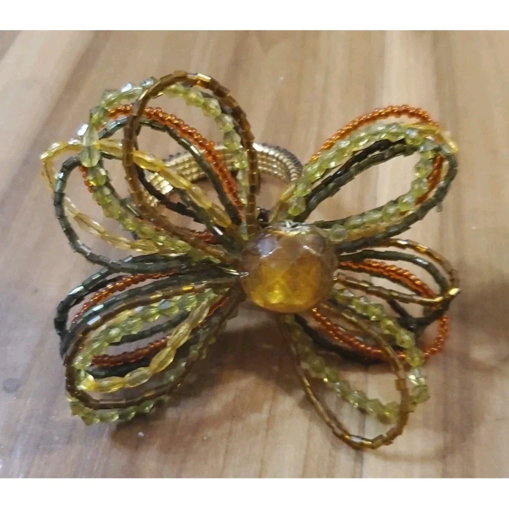 Pier One Beaded Napkin Rings Floral‎ Gold Rust Green Yellow Set Of 4